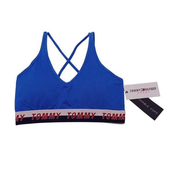 NWT Tommy Hilfiger Strappy Logo Band Sports Bra Sz XS Blue Low Impact Seamless - Picture 2 of 6